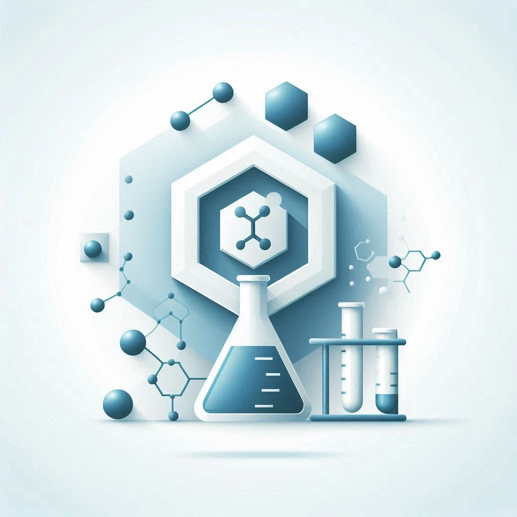 বায়োকেমিস্ট্রি বিভাগের ইলাস্ট্রেশন—মলিকিউল স্ট্রাকচার ও ল্যাব ফ্লাস্ক/টেস্ট আইকন, নীল-সাদা ভেক্টর স্টাইল