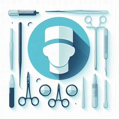 জেনারেল সার্জারি বিভাগের ইলাস্ট্রেশন—সার্জিক্যাল টুলস (স্ক্যালপেল, ফোর্সেপ) ও সার্জারি প্রতীক, নীল-সাদা ভেক্টর স্টাইল