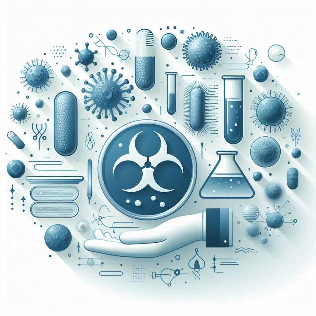 মাইক্রোবায়োলজি বিভাগের ইলাস্ট্রেশন—ব্যাকটেরিয়া/জীবাণু ও পেট্রি ডিশ/ল্যাব টেস্ট আইকন, নীল-সাদা ভেক্টর স্টাইল