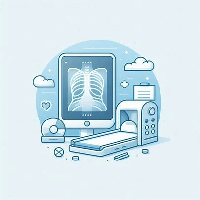 রেডিওলজি ও ইমেজিং বিভাগের ইলাস্ট্রেশন—এক্স-রে/স্ক্যানার ও ইমেজিং আইকন, নীল-সাদা ভেক্টর স্টাইল